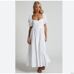 Showpo Palmer Midi Dress US 6 White Puff Sleeve Button Ruffle Tiered Trad Wife